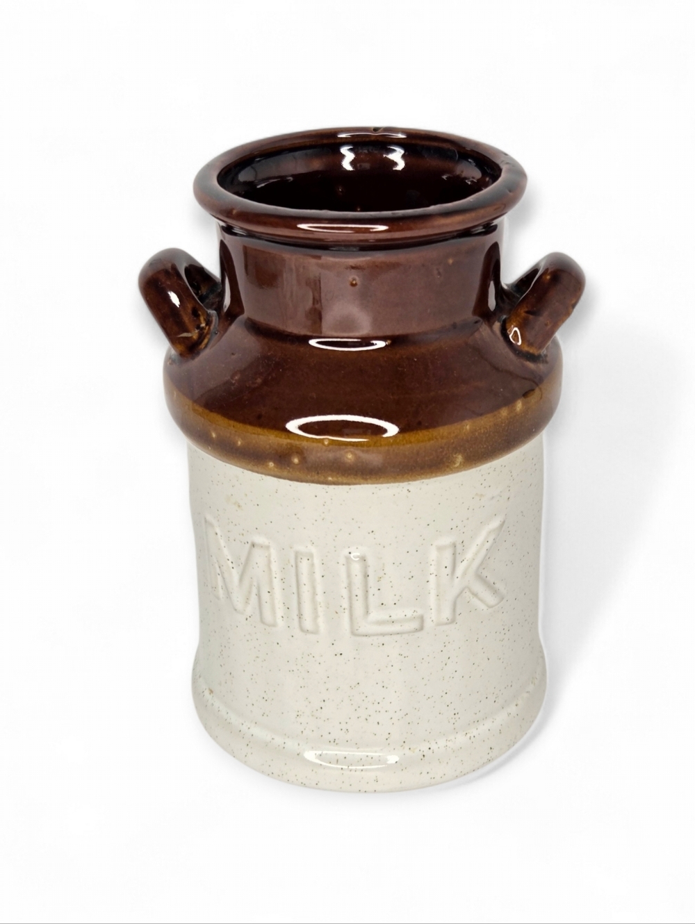 Vintage Milk Jug Pottery Brown and Cream Utensil Holder Crock Vase Farmhouse